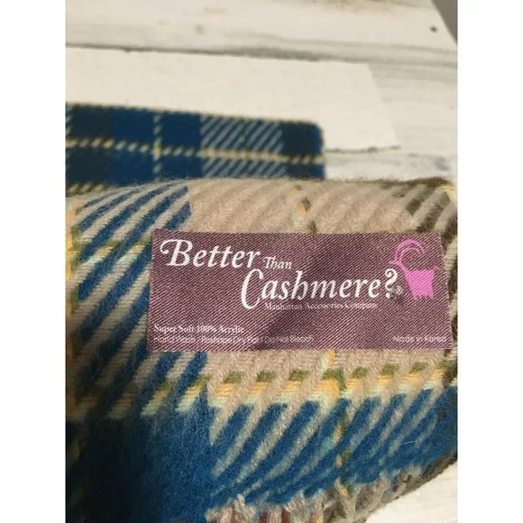 Better Than Cashmere Manhattan Accessories Company woman’s tan blue plaid scarf - Picture 3 of 4